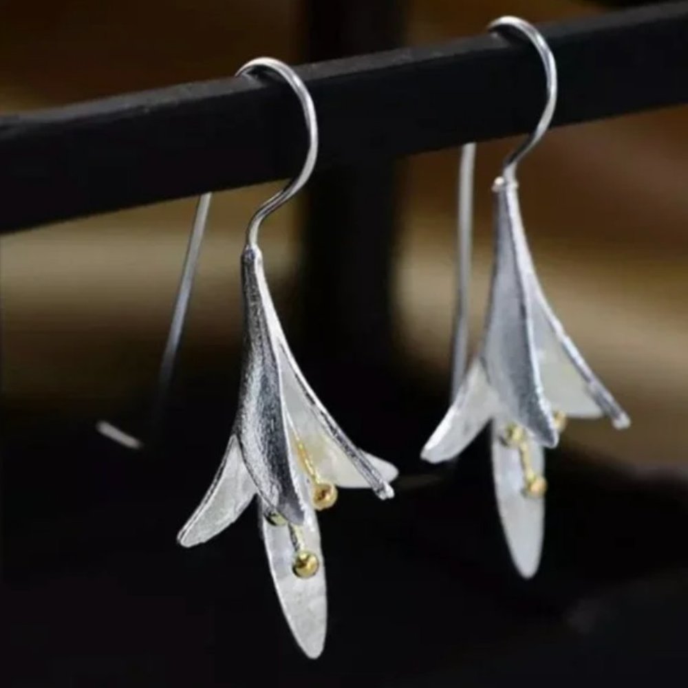 Beautiful Unique Silver Hanging Japanese Flower Earrings with Gold Accents - Picture 6 of 6